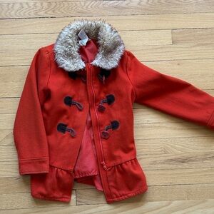 Kids Red Toggle Coat with Faux Fur Collar